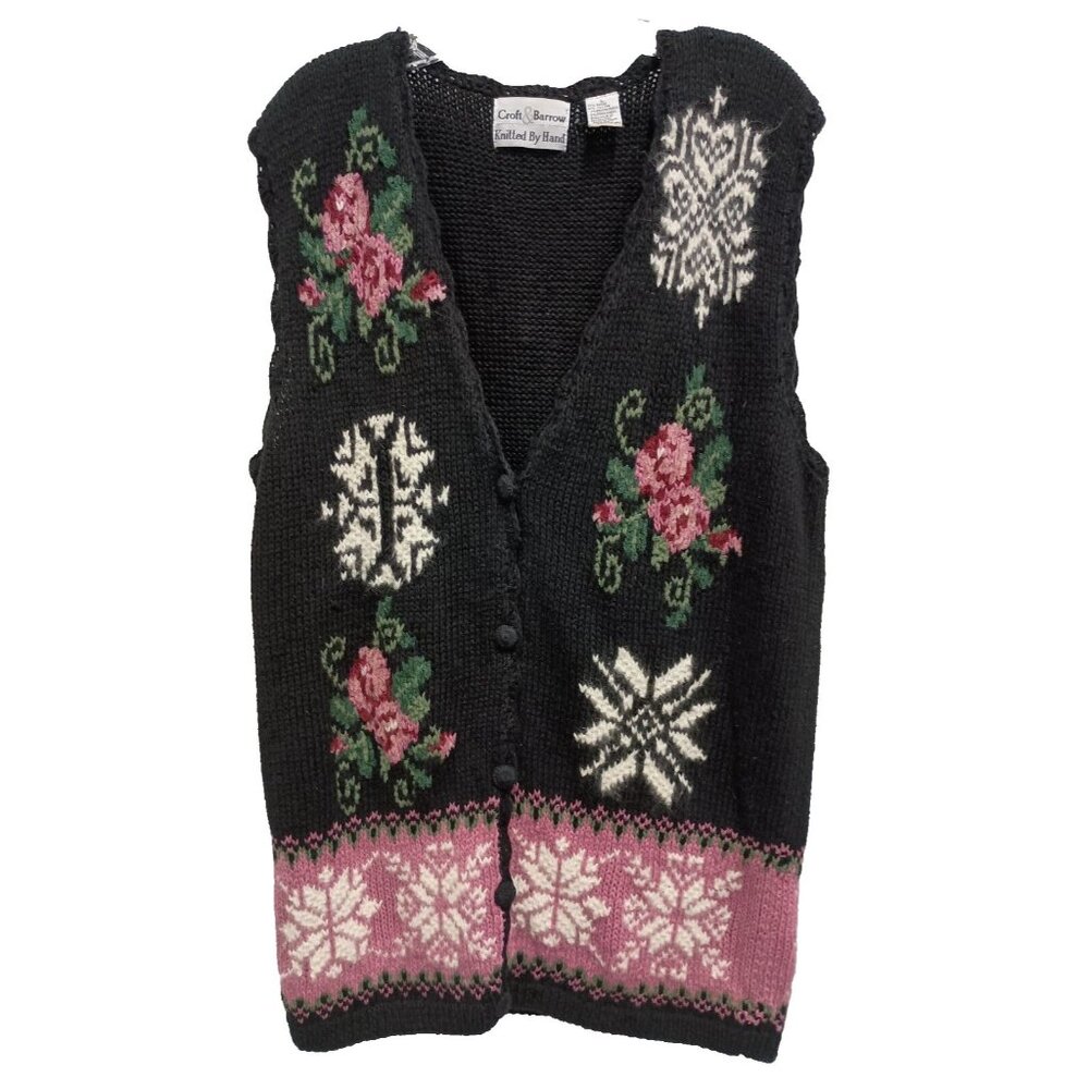 VTG 90s Croft & Barrow Womens Sweater Vest Large Black Floral‎ Hand Knit Grandma